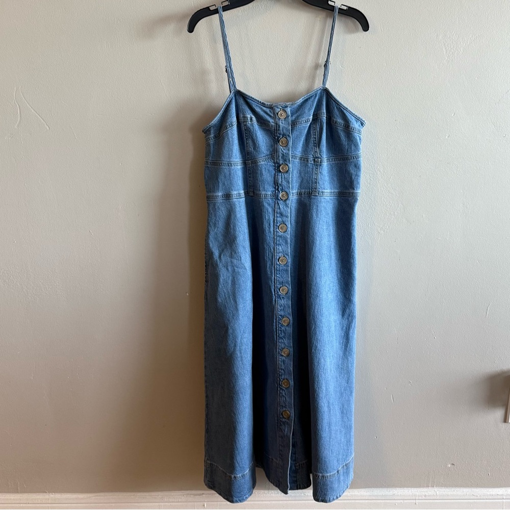 Denim Button-Front Midi Dress with Spaghetti Straps